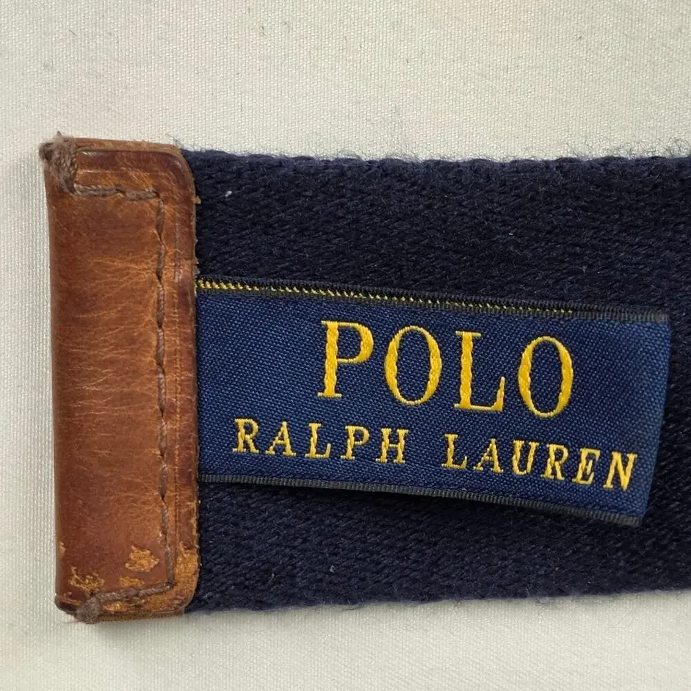 POLO RALPH LAUREN CANVAS & LEATHER BELT – NAVY / BROWN – SIZE S –  VINTAGE 90's